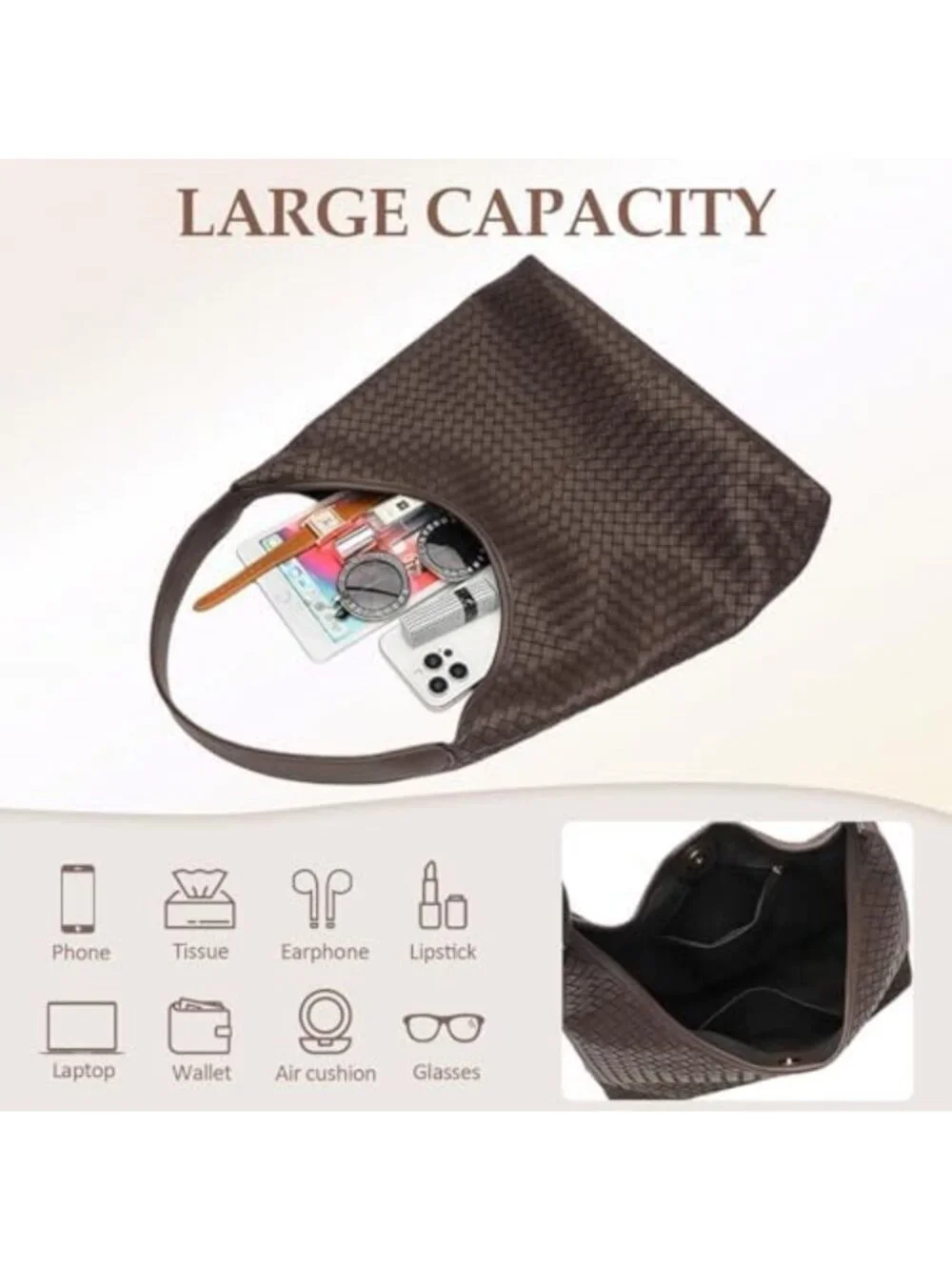Large Slouchy Vegan Leather Hobo Tote Bag - Woven Textured Purse for Women